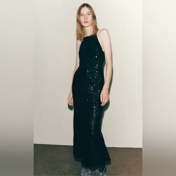 Zara Bloggers Fav Black Sequin Halter Neckline Midi Christmas Holiday Dress Sz L - Picture 3 of 17